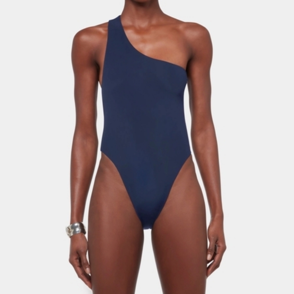 NEW Louisa Ballou‎ Plunge One Shoulder one Piece Asymmetric Swimsuit Blue XS